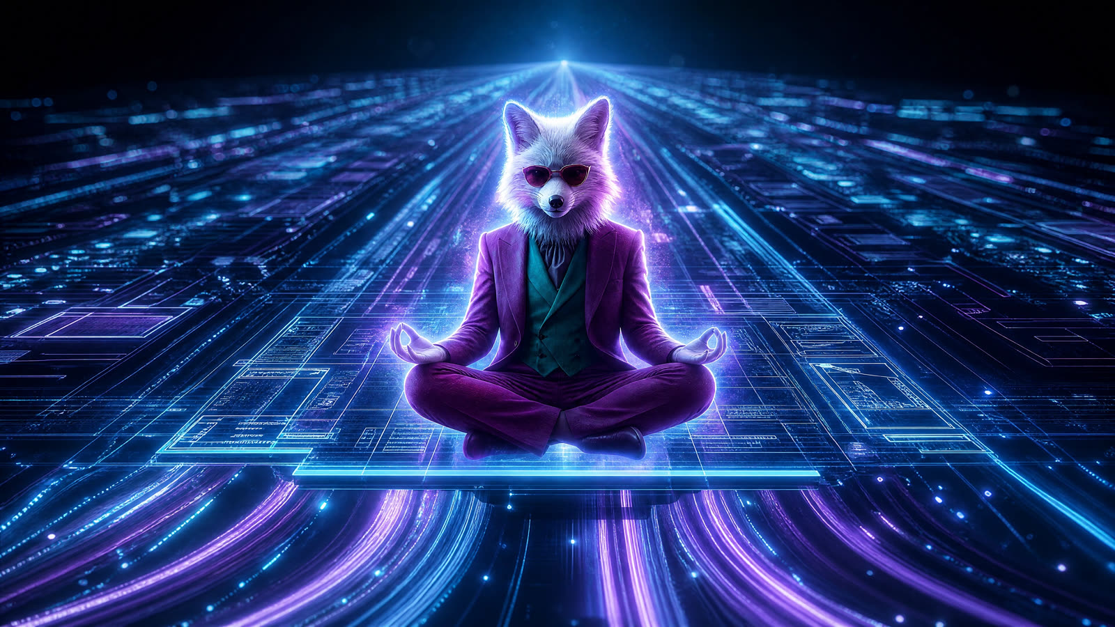 Liquid Fox mascot seated above a highway made of running code.