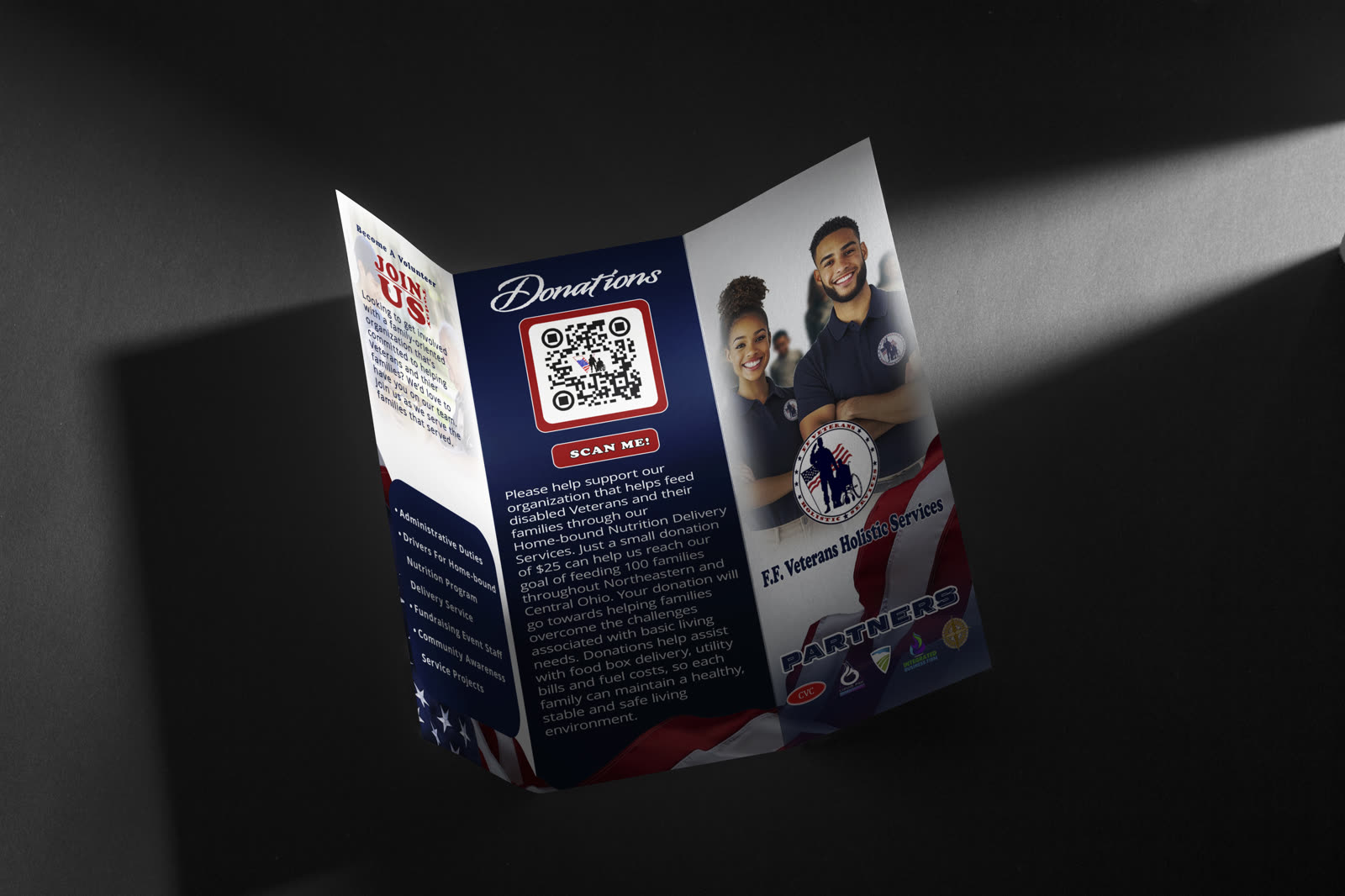 FF Veterans Holistic Services trifold brochure, printed and photographed.