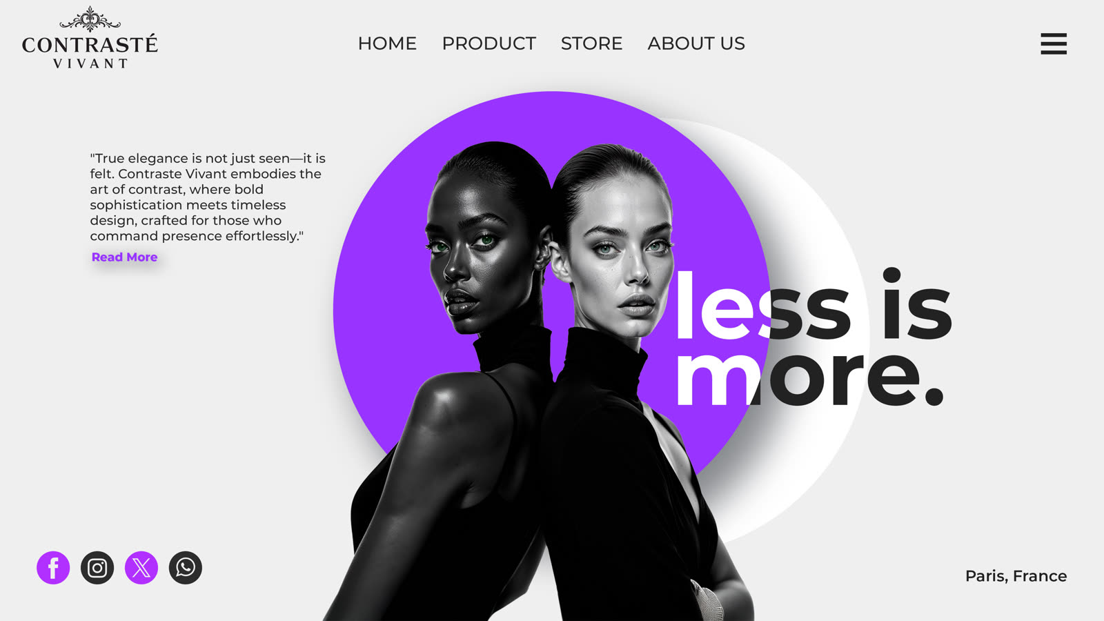 Contraste Vivant fashion house landing screen, layered editorial layout in warm neutrals.