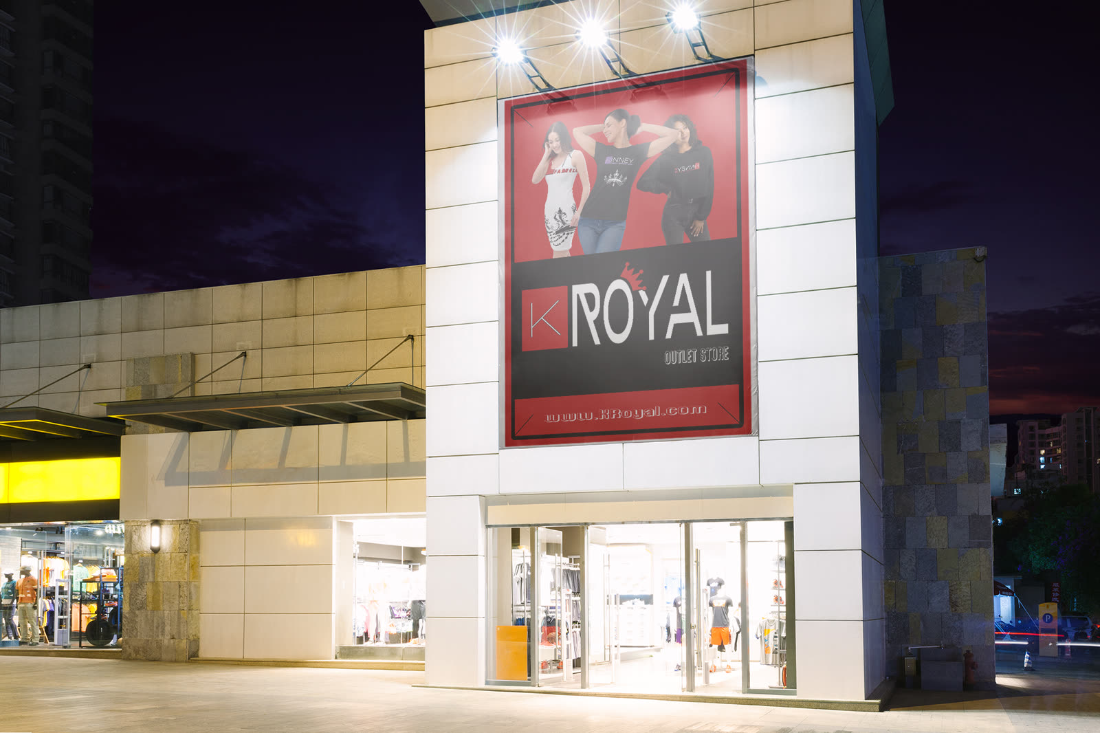 K Royal outlet billboard mock-up sited on a roadside hoarding.