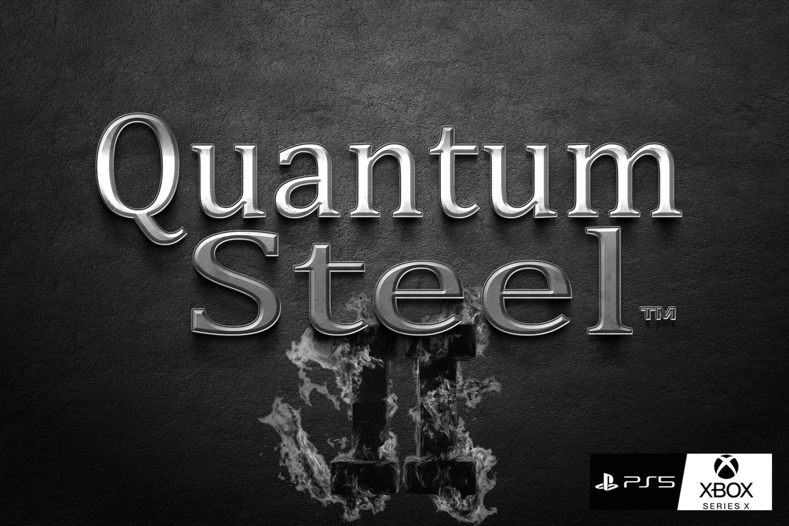 Quantum Steel game pitch title screen, heavy industrial type over metal.