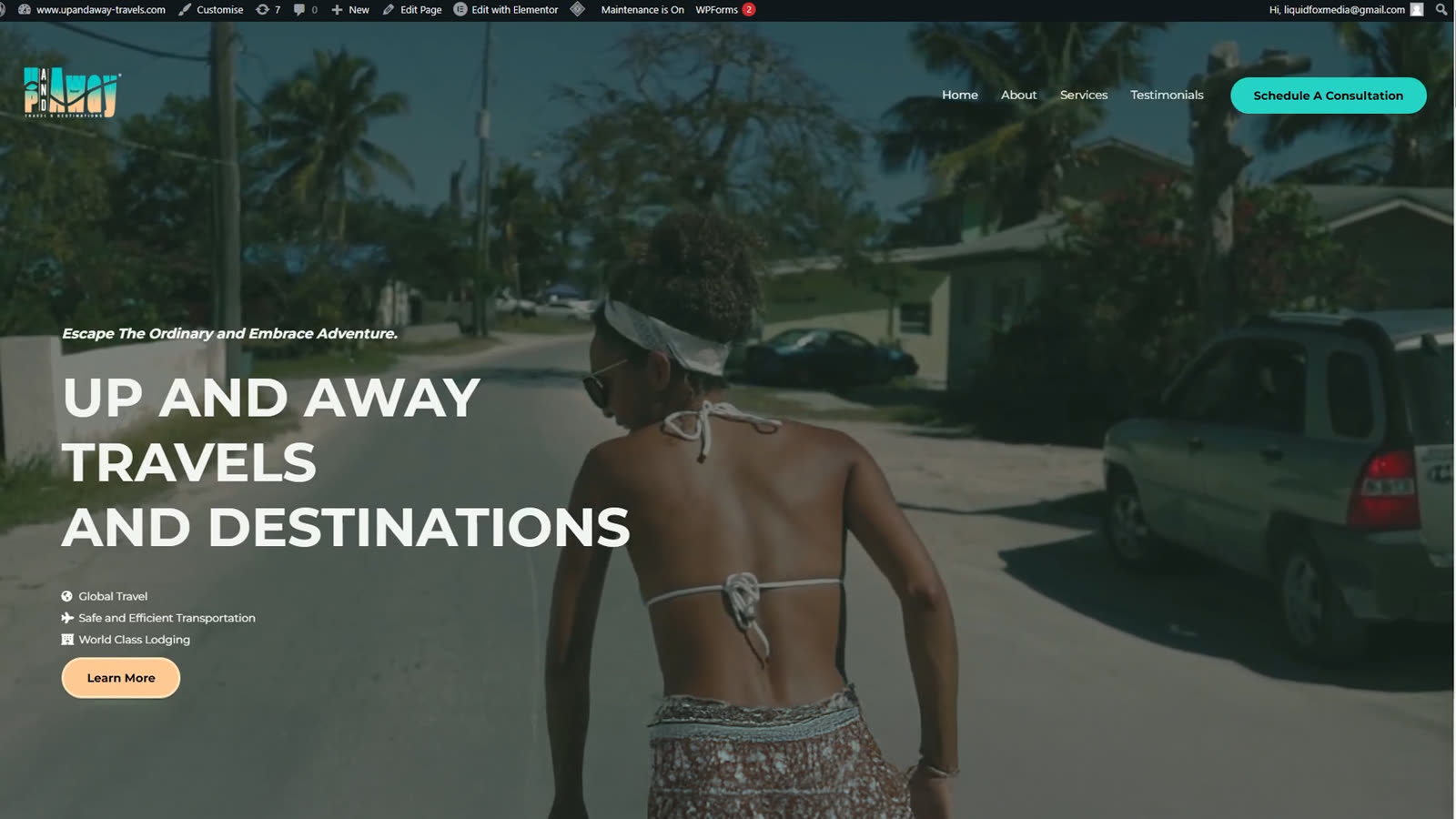 Up And Away Travel and Destinations website hero, aerial coastline.