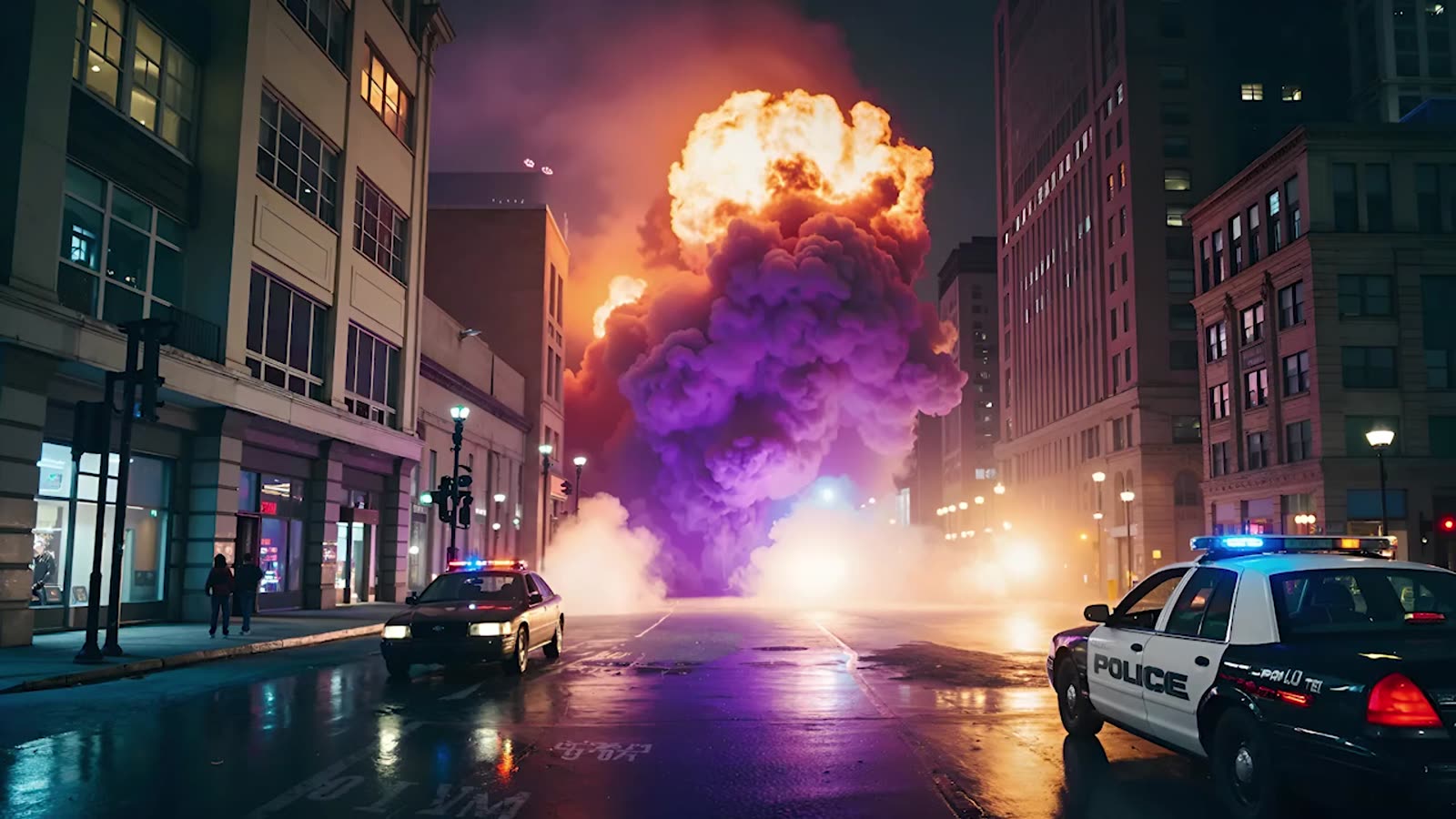 Finished composite of the same street: colour-graded explosion, wet asphalt, emergency lighting.