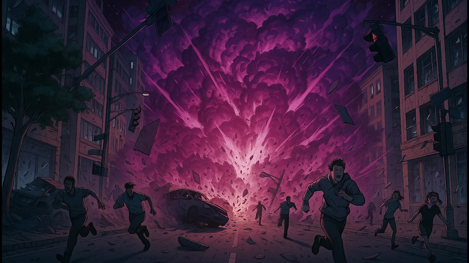 Concept stage: a greyscale line-art city street with police cars and a smoke plume.