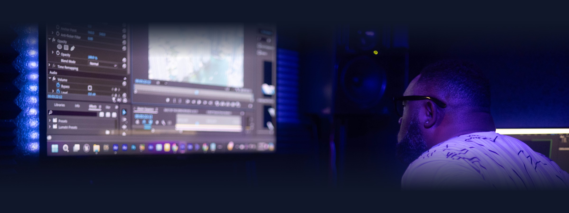 The Liquid Fox edit suite after dark, a timeline open on the monitor.